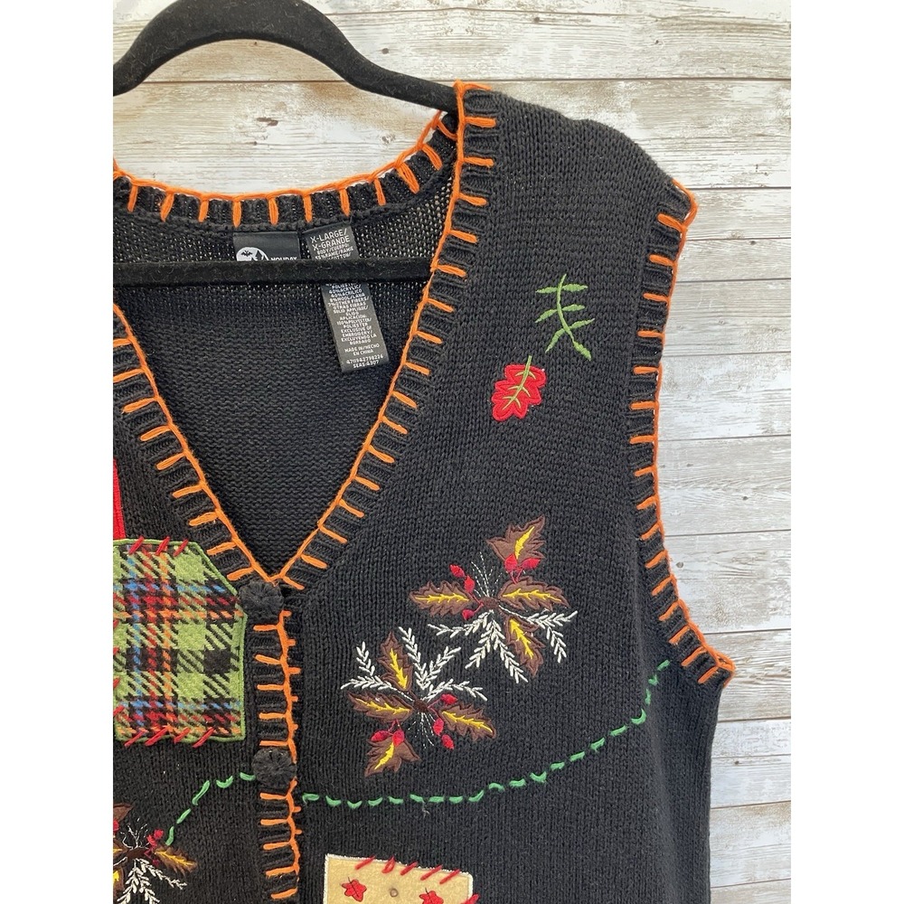 Vintage Holiday Editions Womens XL Fall Halloween Sweater Vest Leaves Sunflowers